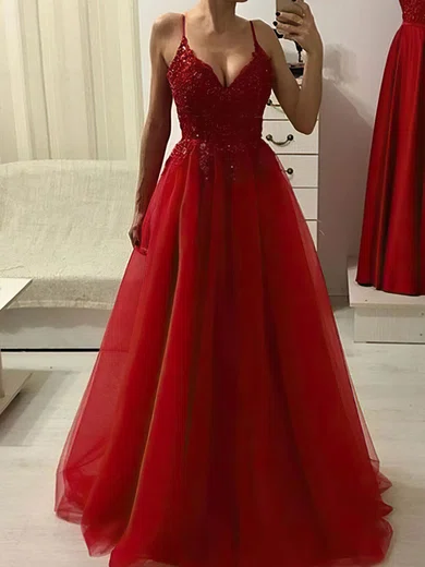 Ball Gown V-neck Tulle Prom Dresses With Appliques #Milly020108085