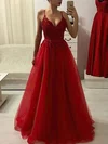 A-line V-neck Tulle Sweep Train Appliques Lace Prom Dresses #Milly020108085