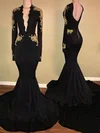 Trumpet/Mermaid V-neck Jersey Sweep Train Appliques Lace Prom Dresses #Milly020108086