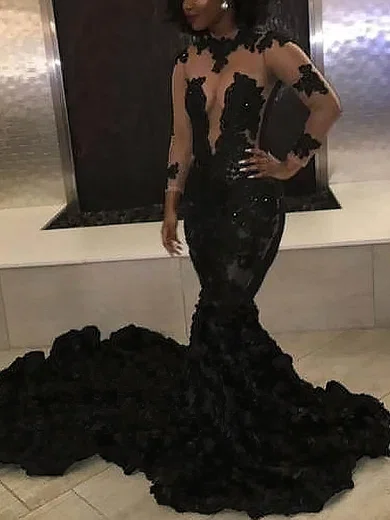 Mermaid Illusion Tulle Long Sleeves Prom Dresses With Appliques #Milly020108096