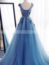 A-line Scoop Neck Tulle Sweep Train Appliques Lace Prom Dresses #Milly020108097