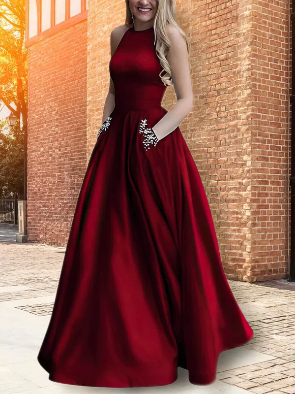 A-line Scoop Neck Satin Floor-length Beading Prom Dresses #Milly020108101