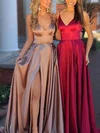 A-line Sweep Train V-neck Silk-like Satin Split Front Prom Dresses #Milly020108106