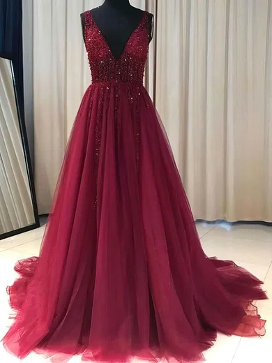 Ball Gown V-neck Tulle Prom Dresses With Beading #Milly020108109