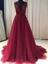 A-line V-neck Tulle Sweep Train Beading Prom Dresses #Milly020108109