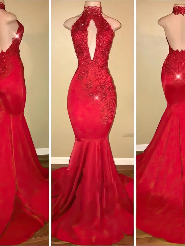 Mermaid High Neck Stretch Crepe Cut Out Prom Dresses With Appliques #Milly020108112