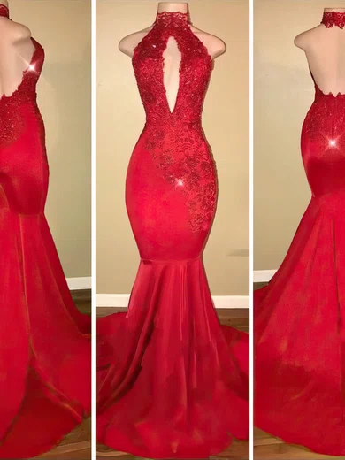 Mermaid High Neck Stretch Crepe Cut Out Prom Dresses With Appliques #Milly020108112