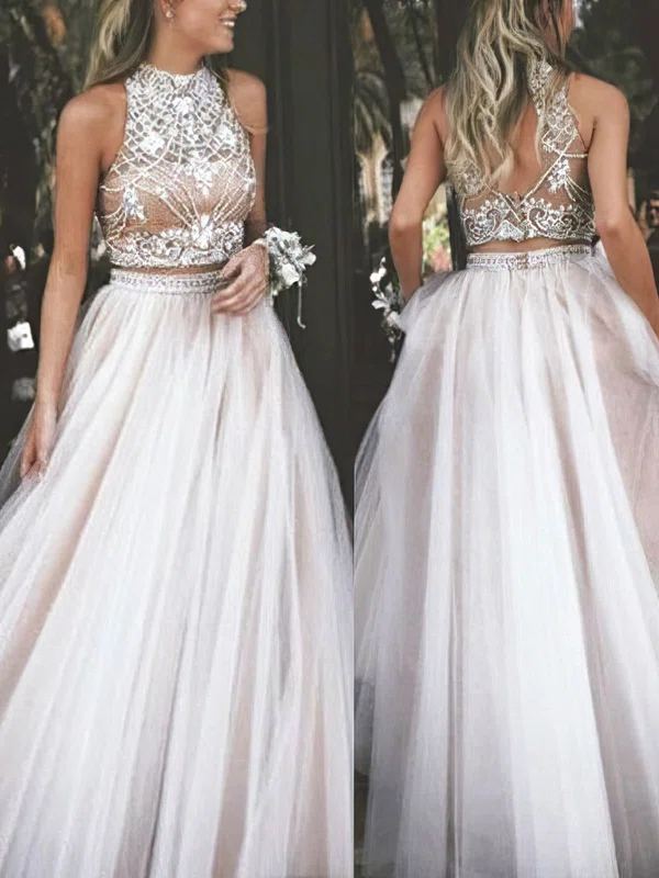 A-line Scoop Neck Tulle Sweep Train Beading Prom Dresses #Milly020108122