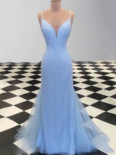 Sheath/Column V-neck Tulle Sequined Sweep Train Prom Dresses #Milly020108123