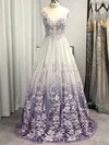 A-line V-neck Tulle Sweep Train Appliques Lace Prom Dresses #Milly020108124