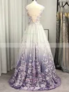 A-line V-neck Tulle Sweep Train Appliques Lace Prom Dresses #Milly020108124