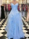 A-line V-neck Tulle Sweep Train Appliques Lace Prom Dresses #Milly020108129