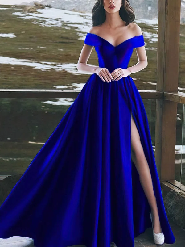 A-line Off-the-shoulder Satin Sweep Train Split Front Prom Dresses #Milly020108135