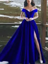 A-line Off-the-shoulder Satin Sweep Train Split Front Prom Dresses #Milly020108135