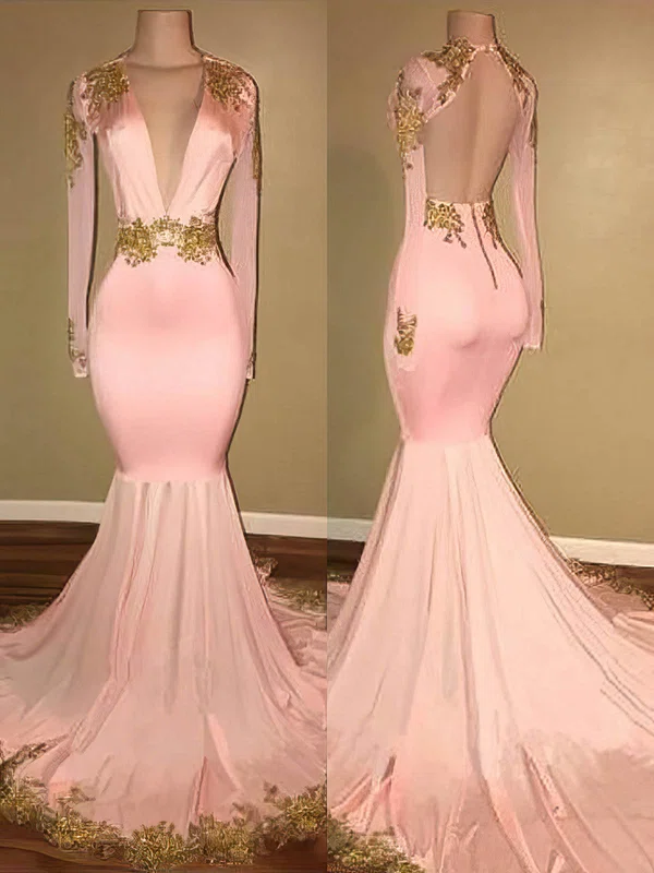 Trumpet/Mermaid V-neck Jersey Sweep Train Appliques Lace Prom Dresses #Milly020108137