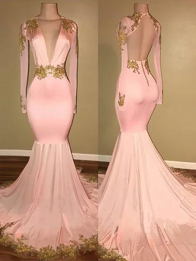 Mermaid V-neck Satin Cut Out Prom Dresses With Appliques #Milly020108137