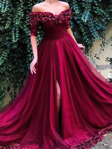 Ball Gown/Princess Sweep Train Off-the-shoulder Tulle Flower(s) Prom Dresses #Milly020108138