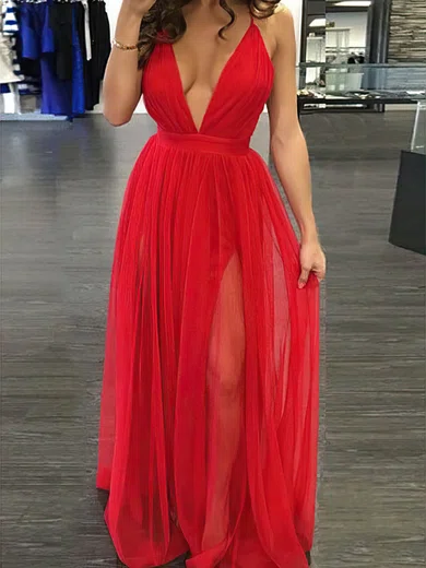 A-line Floor-length V-neck Tulle Ruffles Prom Dresses #Milly020108141