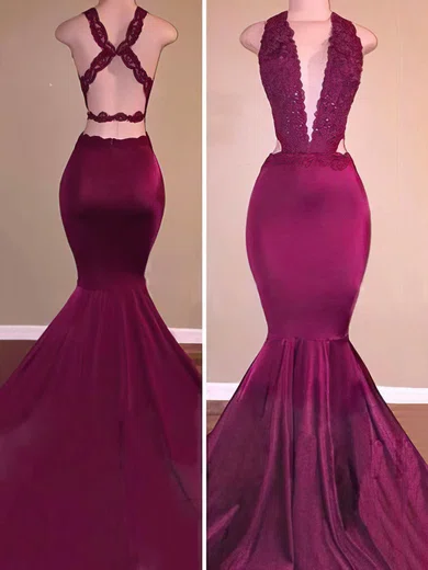Mermaid V-neck Satin Cut Out Prom Dresses With Appliques #Milly020108152