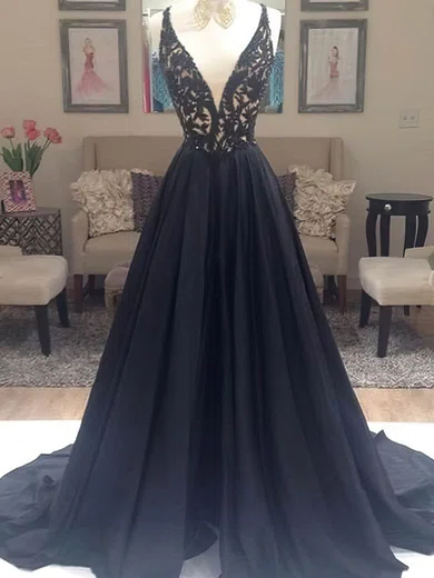 Black Ball Gown V-neck Satin Prom Dresses With Beading #Milly020108159