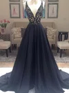 A-line V-neck Silk-like Satin Sweep Train Beading Prom Dresses #Milly020108159