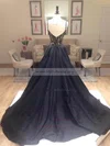 A-line V-neck Silk-like Satin Sweep Train Beading Prom Dresses #Milly020108159