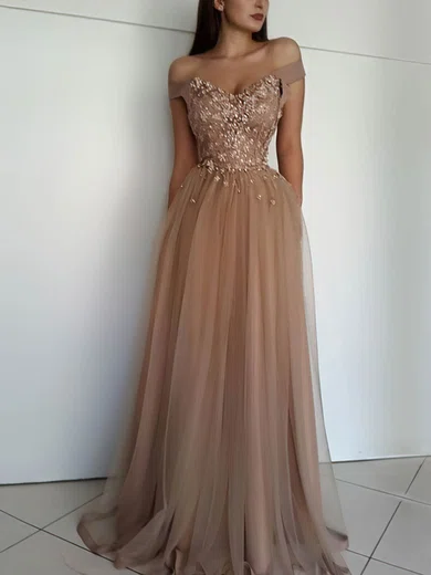 A-line Off-the-shoulder Tulle Sweep Train Beading Prom Dresses #Milly020108160