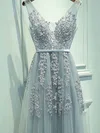 A-line V-neck Lace Tulle Sweep Train Appliques Lace Prom Dresses #Milly020108161