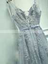 A-line V-neck Lace Tulle Sweep Train Appliques Lace Prom Dresses #Milly020108161