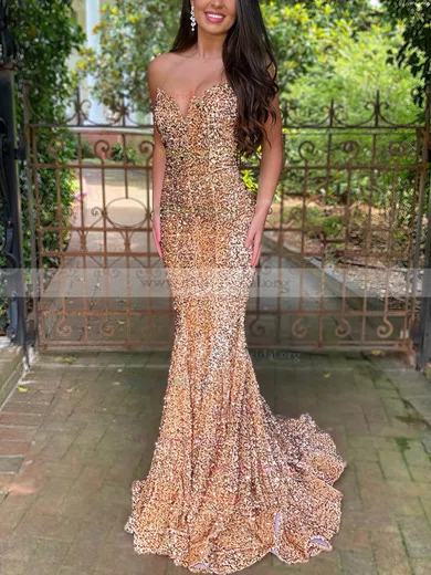 Gold Sequin Strapless Long Mermaid Evening Prom Dresses, Cheap Custom –  MarryLover