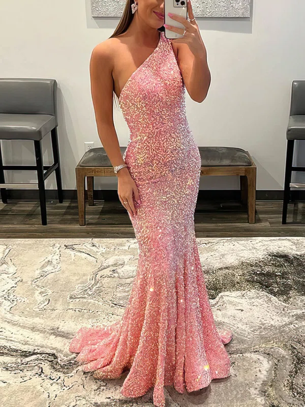 Trumpet/Mermaid One Shoulder Sequined Sweep Train Prom Dresses #Milly020108203