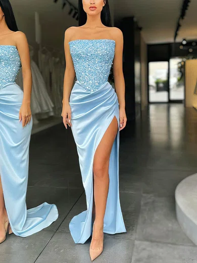 Sheath/Column Strapless Satin Prom Dresses With Beading #Milly020108204