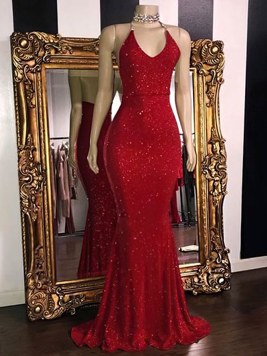 Trumpet/Mermaid V-neck Shimmer Crepe Sweep Train Prom Dresses #Milly020108166