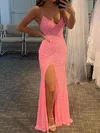 Sheath/Column Floor-length V-neck Velvet Sequins Split Front Prom Dresses #Milly020108168