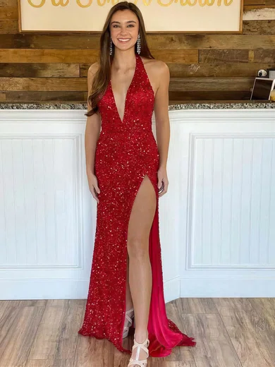 Sheath/Column Halter Sequined Sweep Train Prom Dresses With Split Front S020108173