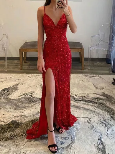 Sheath/Column V-neck Sparkly Sequin Prom Dresses With Fringe #Milly020108174
