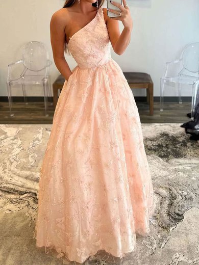 Ball Gown/Princess Floor-length One Shoulder Lace Beading Prom Dresses #Milly020108176