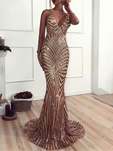 Trumpet/Mermaid Sweep Train V-neck Sequined Prom Dresses #Milly020108182