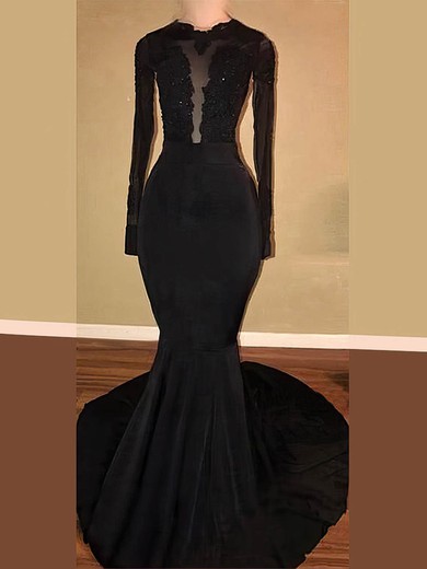 Trumpet/Mermaid Scoop Neck Jersey Sweep Train Appliques Lace Prom Dresses #Milly020108210