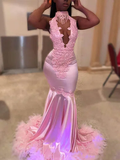 Mermaid High Neck Satin Cut Out Prom Dresses With Appliques #Milly020108211