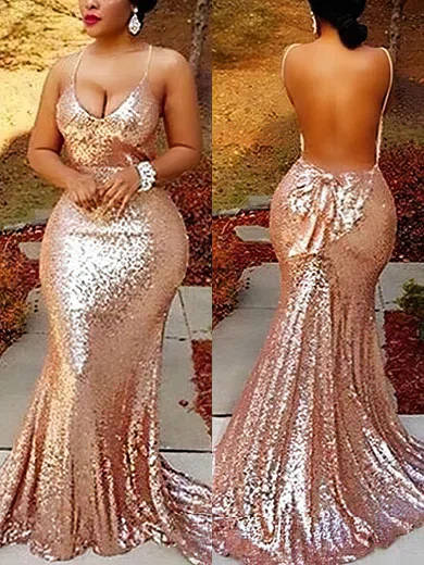 Trumpet/Mermaid Sweep Train V-neck Sequined Bow Prom Dresses #Milly020108230