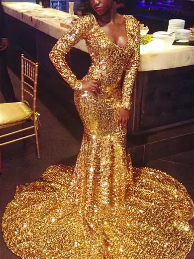 Trumpet/Mermaid Sweep Train V-neck Sequined Prom Dresses #Milly020108232