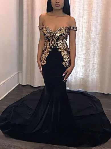 Trumpet/Mermaid Off-the-shoulder Jersey Sweep Train Beading Prom Dresses #Milly020108234