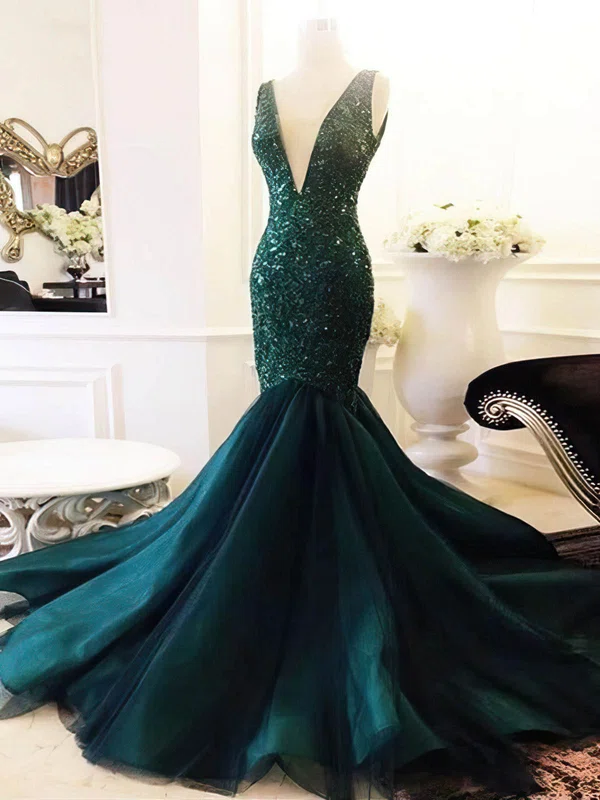 Trumpet/Mermaid V-neck Tulle Sequined Sweep Train Prom Dresses #Milly020108238