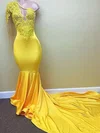 Trumpet/Mermaid One Shoulder Jersey Sweep Train Appliques Lace Prom Dresses #Milly020108245