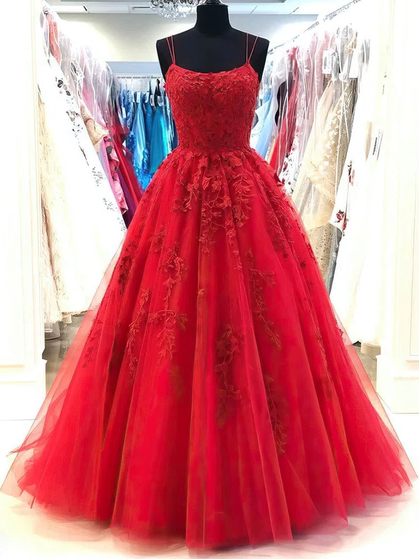 A-line Square Neckline Lace Tulle Sweep Train Appliques Lace Prom Dresses #Milly020108270
