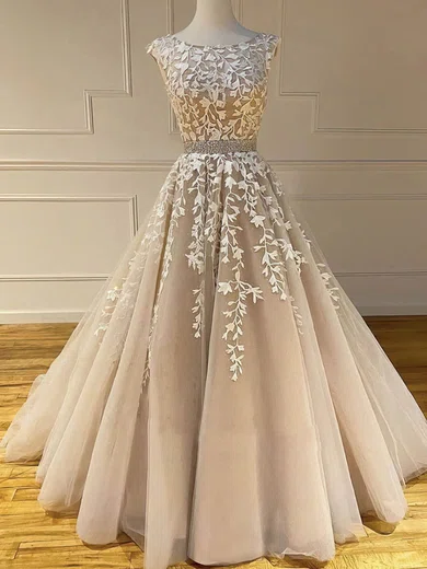 Ball Gown Scoop Neck Lace Tulle Prom Dresses With Appliques #Milly020108276
