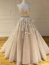 A-line Scoop Neck Lace Tulle Sweep Train Sashes / Ribbons Prom Dresses #Milly020108276