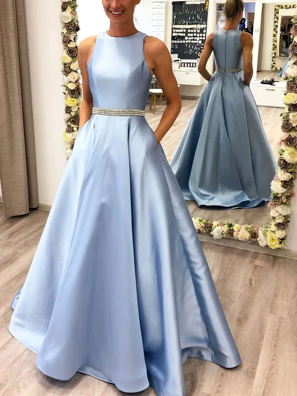 A-line Scoop Neck Satin Sweep Train Beading Prom Dresses #Milly020108277