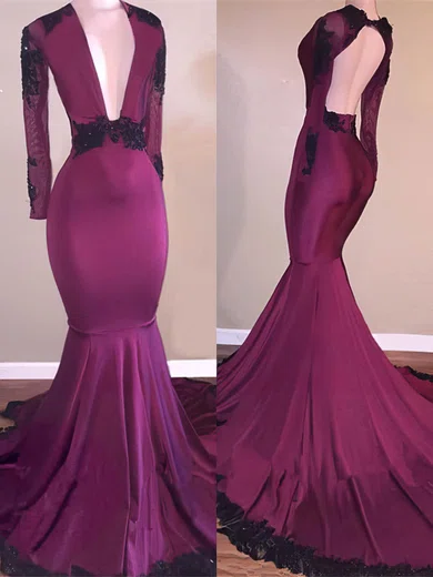Mermaid V-neck Jersey Long Sleeves Cut Out Prom Dresses With Appliques #Milly020108279